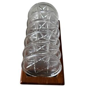 Set Of 6 Vintage Glass Drink Coasters In Wooden Holder